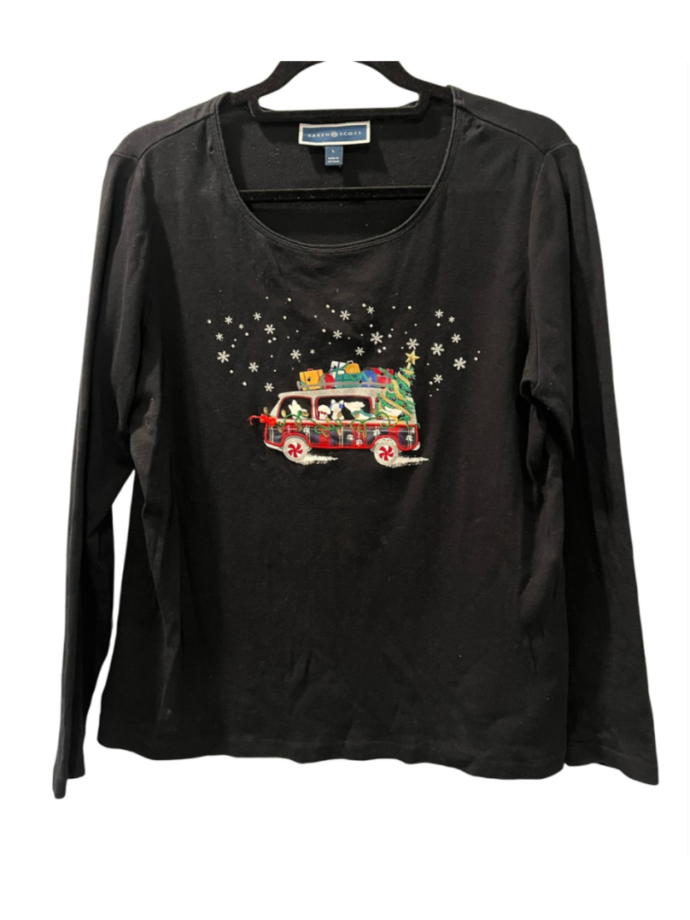 Karen Scott Christmas Top Large L Black Long Sleeve Dog Van Whimsical Snowflakes